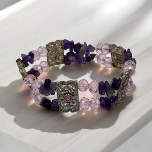 Pink & Purple Beaded Stretch Bracelet with Rhinestone Panels